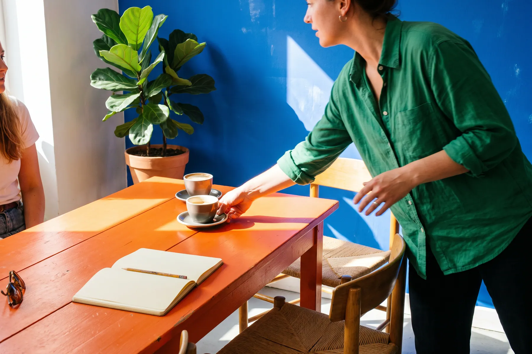 Two people at an orange table in bright daylight, one of them setting down a cup of coffee, an open notebook on the table and a deep blue wall behind.