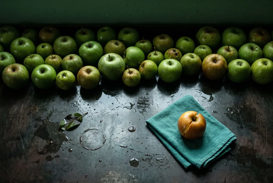 Rows of green apples above a wet metal table, one blushed apple split open on a folded teal cloth.