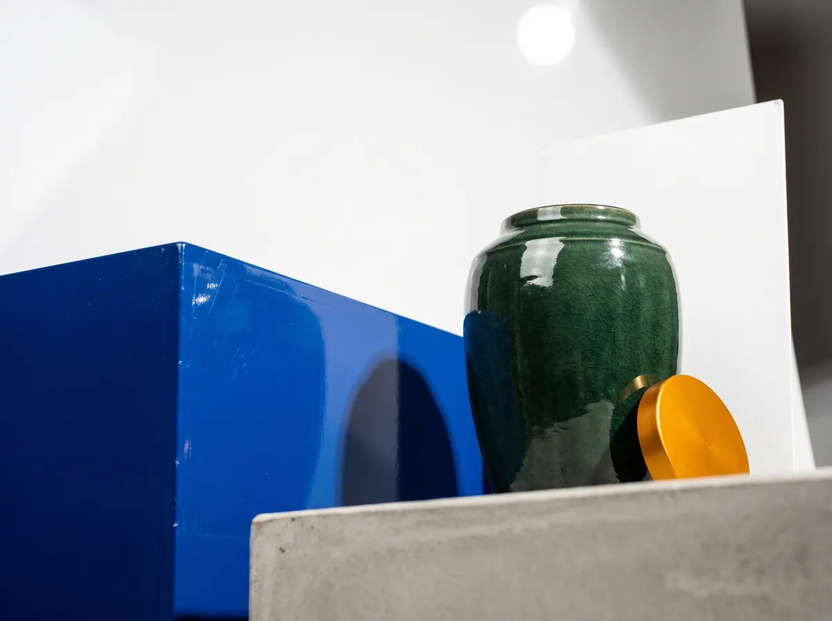 Still life of a glazed green ceramic jar, a glossy cobalt block, an amber metal disc and a concrete slab.