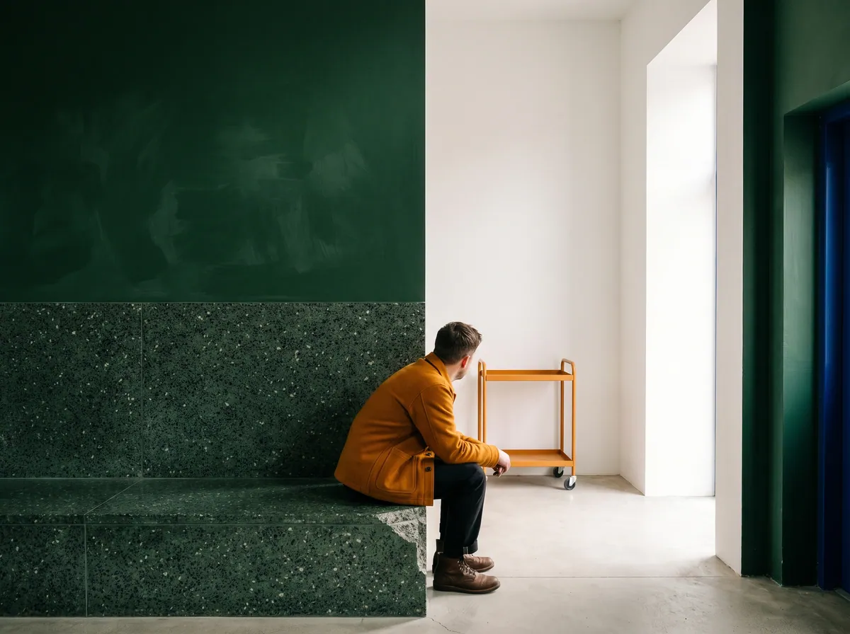 A man in a mustard jacket sits on a green terrazzo bench beside a dark green wall, an orange trolley behind him.