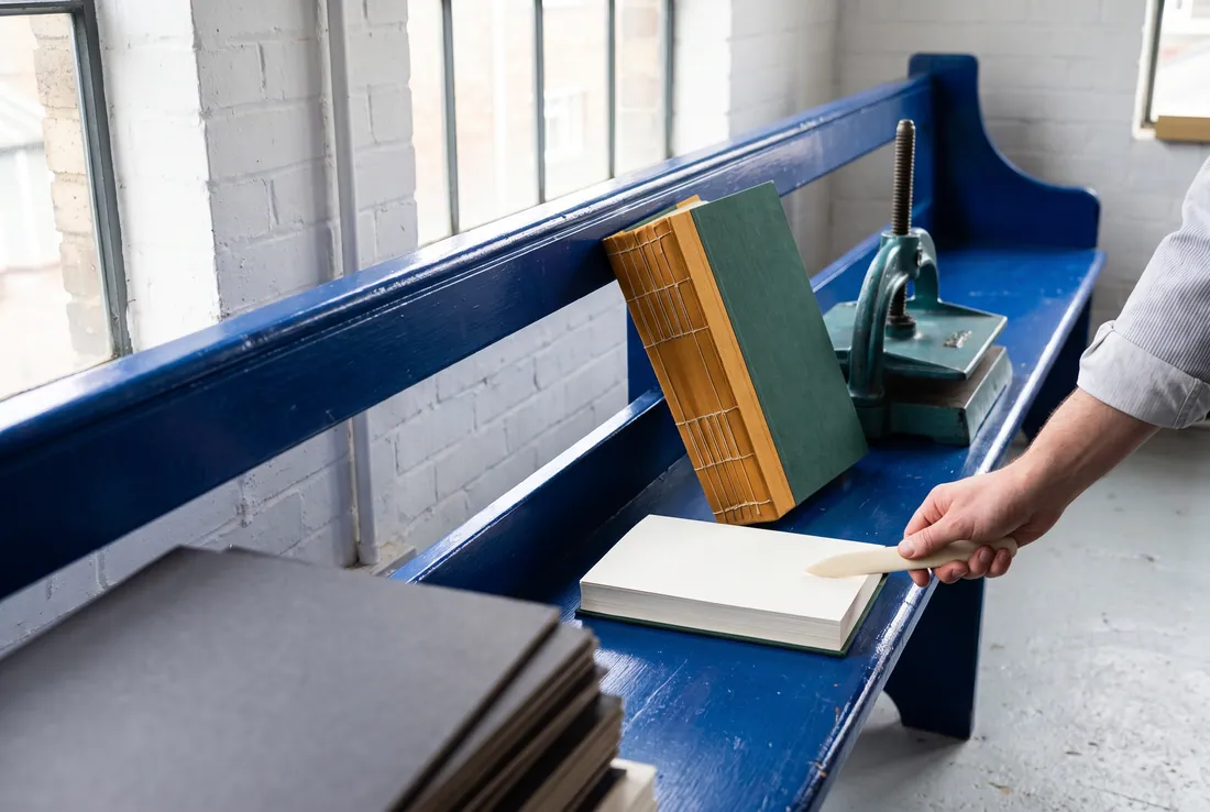 A hand runs a bone folder over a text block on a blue painted bench, beside a stitched green book and a small press.