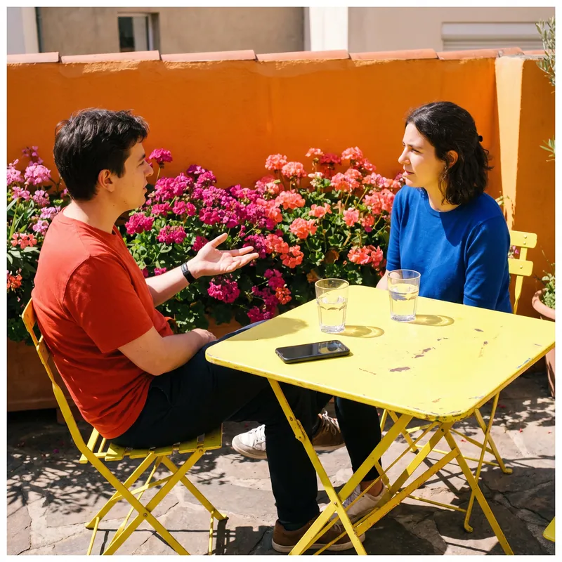 Two people talking over water glasses at a yellow outdoor cafe table surrounded by pink flowers.