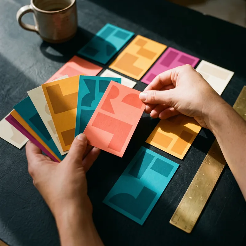 Hands sorting a fan of colourful geometric pattern cards on a dark table beside a brass ruler and a mug.
