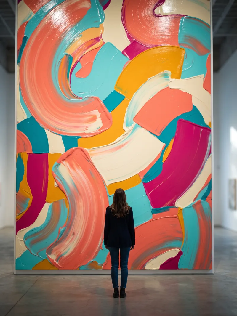 A woman viewed from behind standing before a large abstract painting with sweeping colourful brushstrokes.