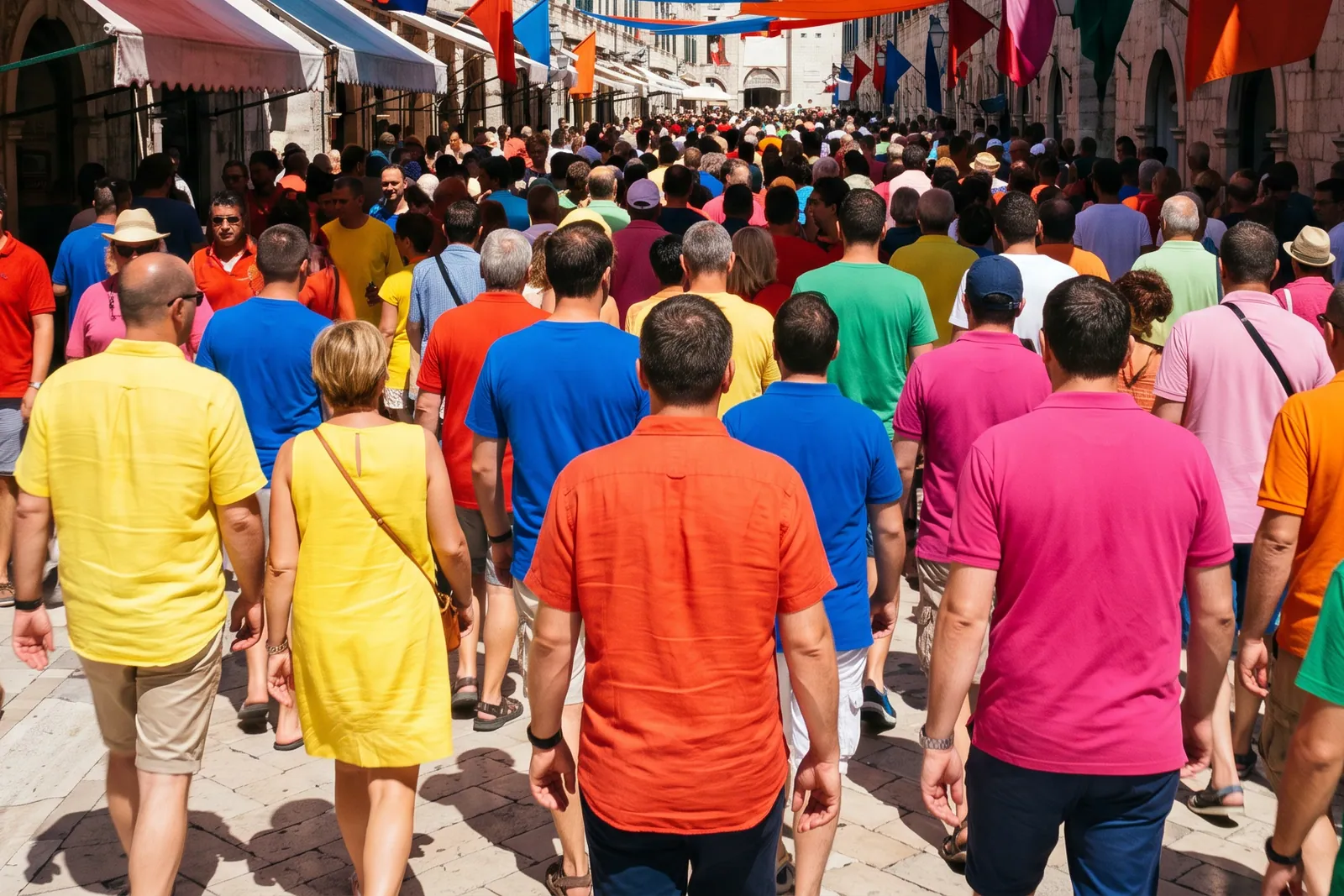 A dense crowd of people in colourful shirts walking down a flag-lined pedestrian street.