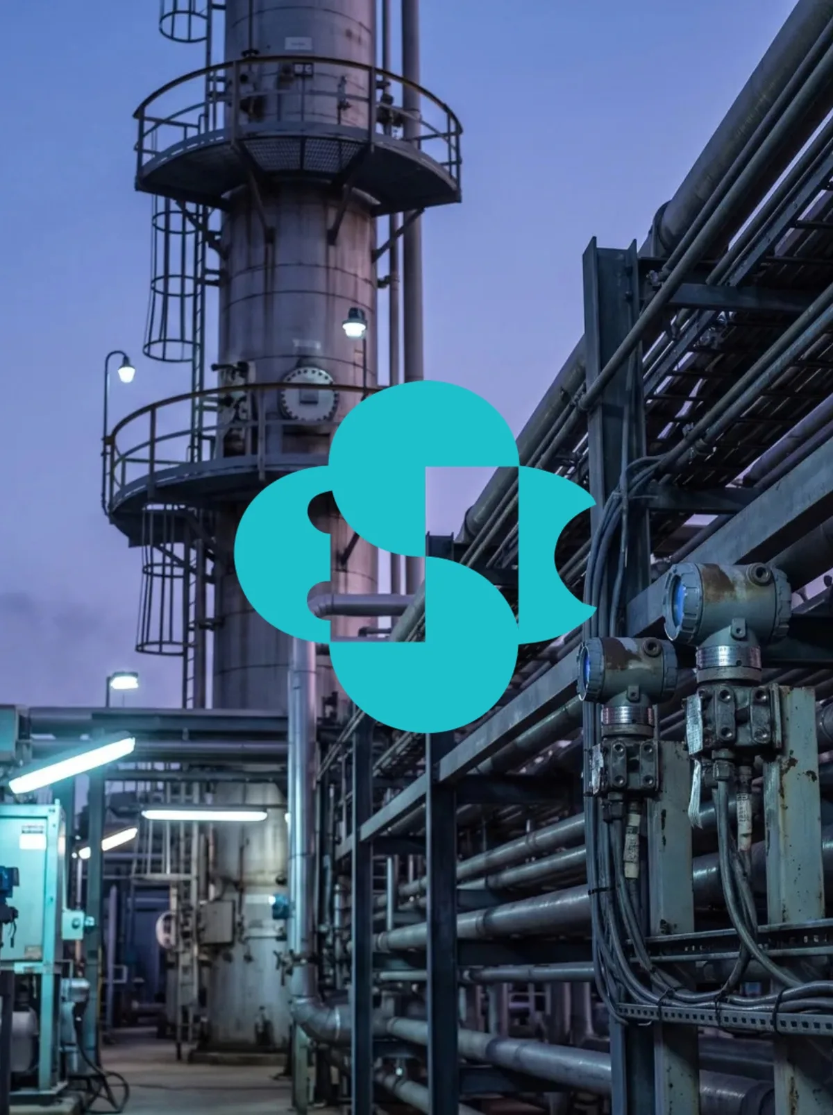 SIMSAN key visual: an industrial plant at dusk, a steel column and pipe racks lit from below, with the teal SIMSAN mark at the centre.