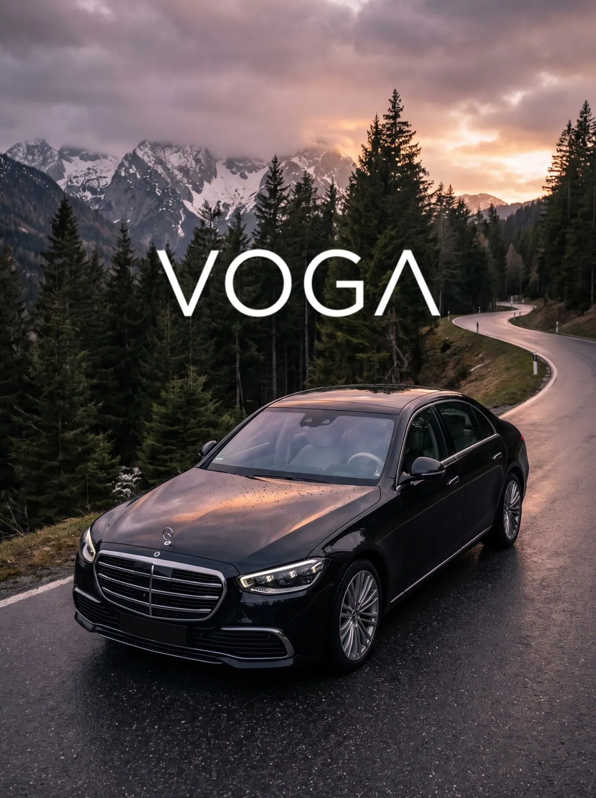 VOGA key visual: a dark luxury sedan on an alpine road at dusk, with the VOGA wordmark across the frame.