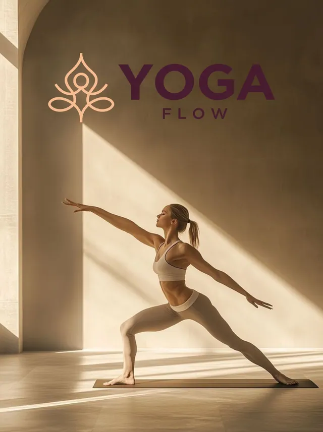 YogaFlow key visual: a woman holding a warrior II pose in a sunlit studio, with the YOGA FLOW logo across the frame.